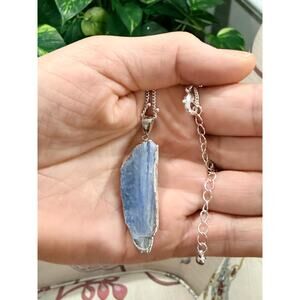 Blue Kyanite Pendant Necklace Silver Tone Chain Raw Crystal Statement Jewelry
